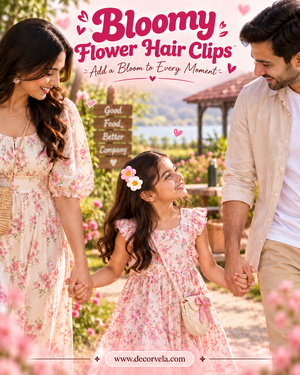 A family of three in a sunny garden wearing pink floral hair clips, with a woman and child holding hands and a man smiling beside them. The text overlay reads 'Bloomy Flower Hair Clips - Add a Bloom to Every Moment' with the website decorvela.