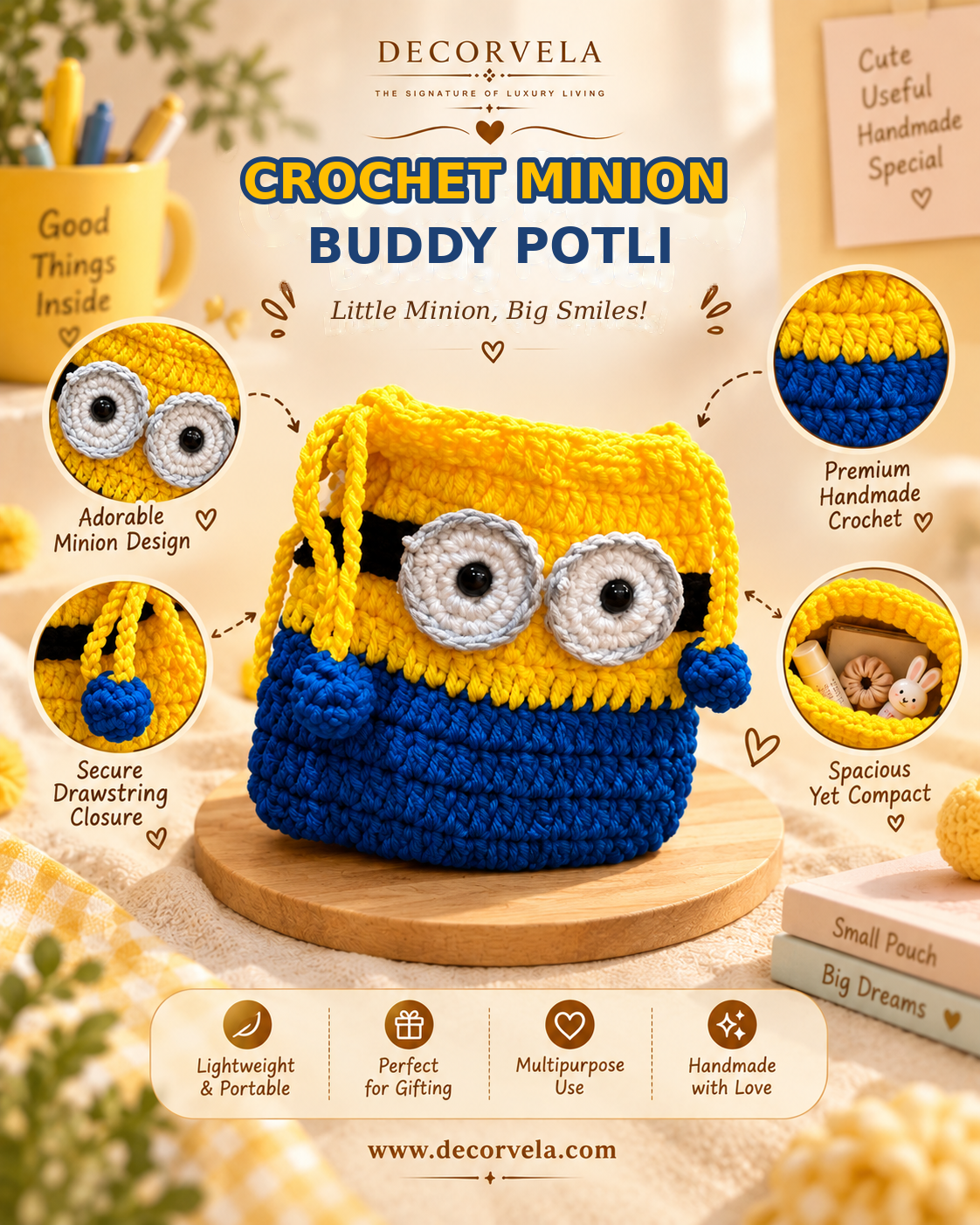 A handmade crocheted pouch shaped like a Minion, featuring yellow and blue yarn, large white and black eyes, and a drawstring closure, presented on a wooden surface with promotional text and circular detail callouts.