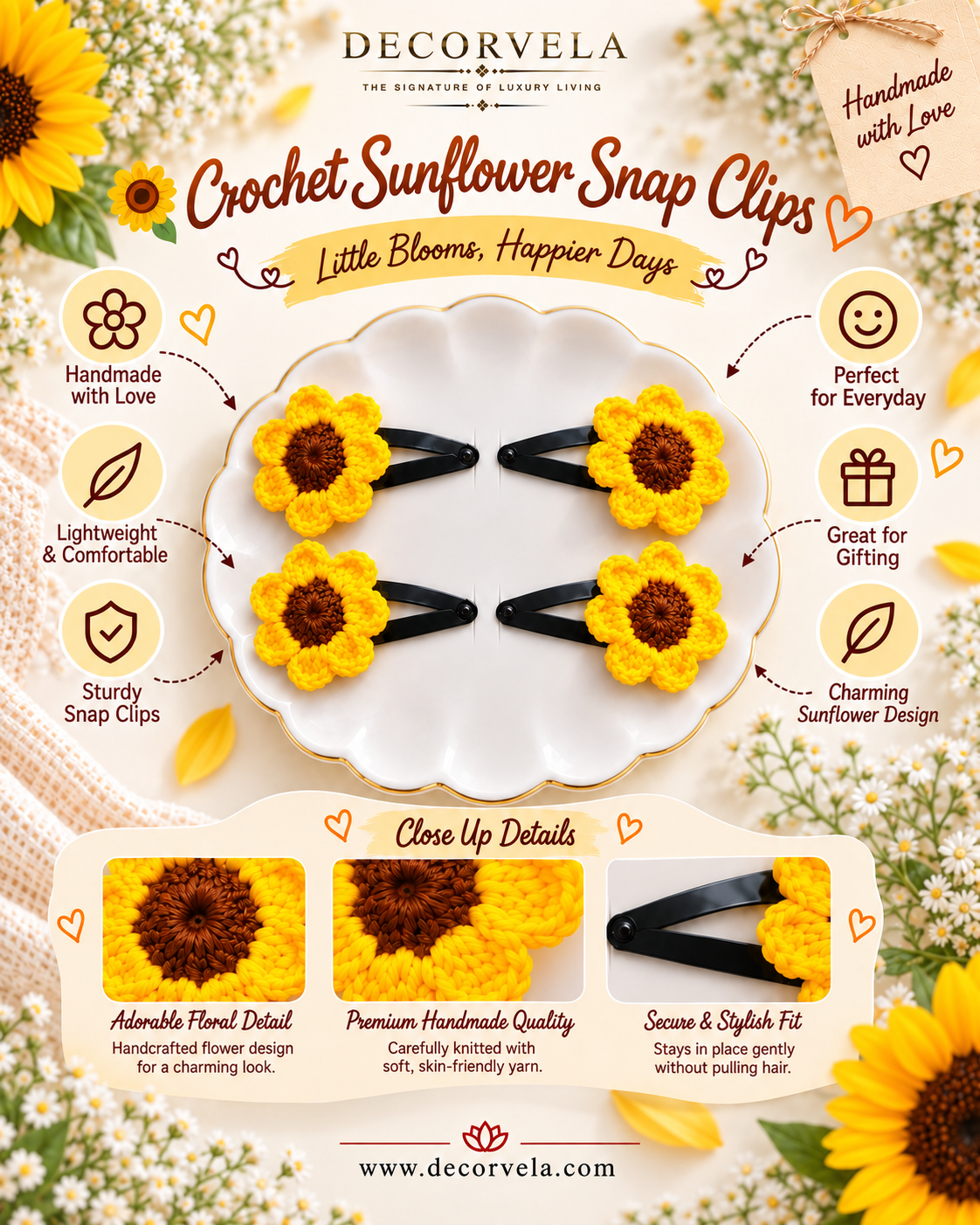 A promotional graphic for DecorVela crochet sunflower snap clips. The image shows four black snap hair clips, each holding a crocheted sunflower with yellow petals and a dark brown center, arranged on a white scalloped dish.