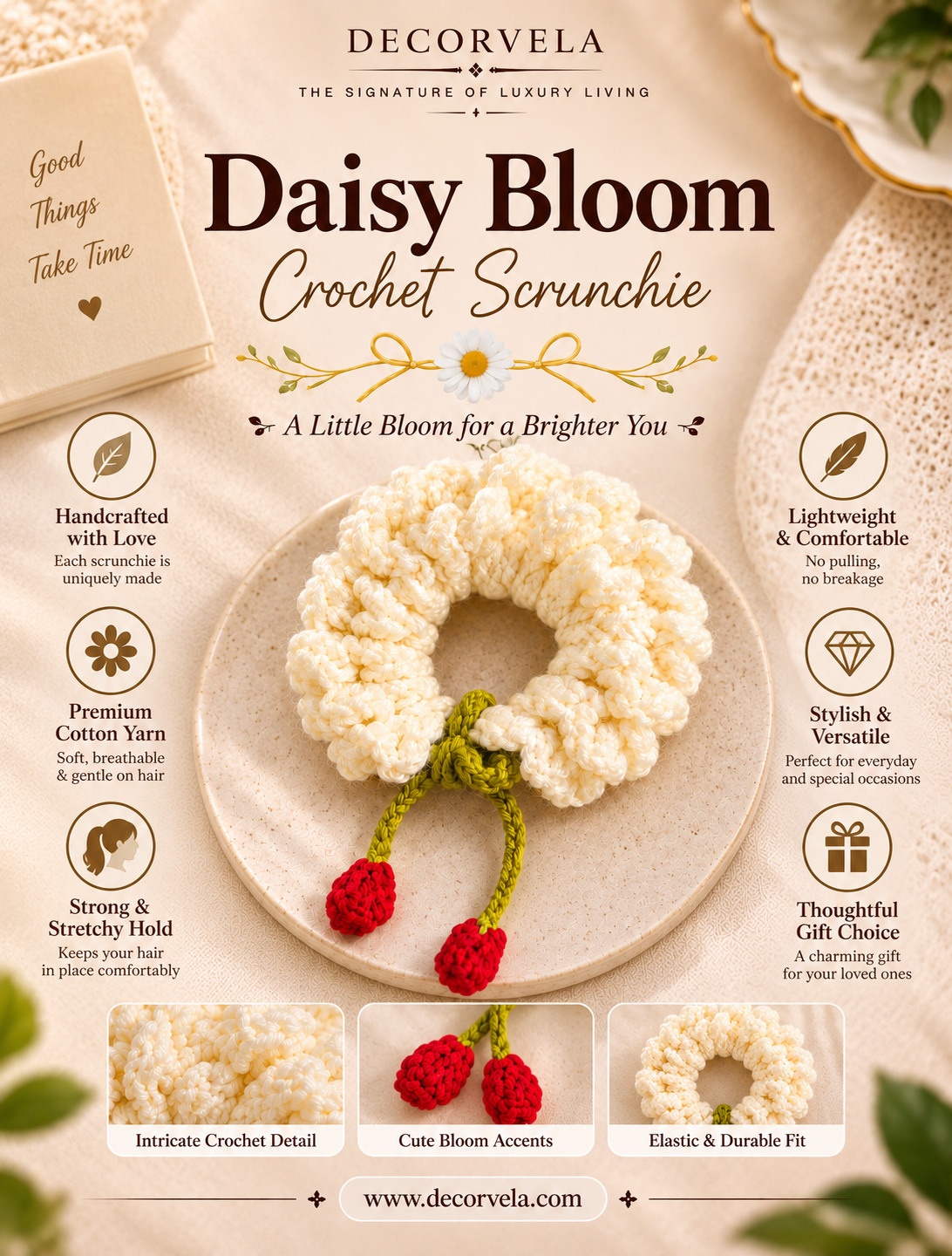 A promotional product graphic for the Decorvela Daisy Bloom Crochet Scrunchie. The main subject is a cream-colored crochet scrunchie with three red flower accents and a green stem, displayed on a beige plate.