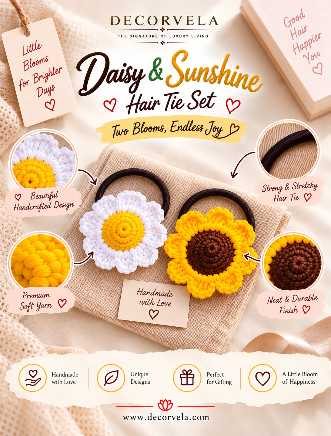 DecorVela Daisy & Sunshine Hair Tie Set featuring two crocheted hair ties on a beige fabric card. One hair tie is white with a yellow center, and the other is yellow with a brown center, both attached to black elastic bands.