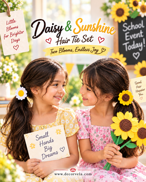 Two young girls smiling at each other, wearing floral hair ties and holding sunflower props in a bright, decorated event setting. Promotional text reads 'Daisy & Sunshine Hair Tie Set' with decorative signs and flowers around them.