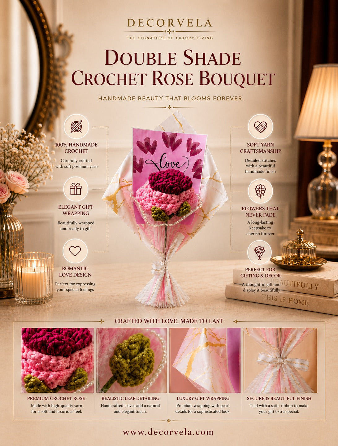 A decorative promotional graphic for a 'Double Shade Crochet Rose Bouquet' by DecorVela, showing a pink and purple crochet rose bouquet wrapped in white tissue paper and a bow, set against a warm, cozy home interior background with candles, books, and a lamp. Multiple text callouts highlight the product's features and care instructions.