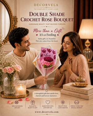 DecorVela Double Shade Crochet Rose Bouquet advertisement featuring a couple in a warmly lit living room, with the man presenting a pink and purple crocheted bouquet wrapped in a pink 'Love' heart-patterned ribbon. The ad includes product text, decorative flowers, candles, and books.