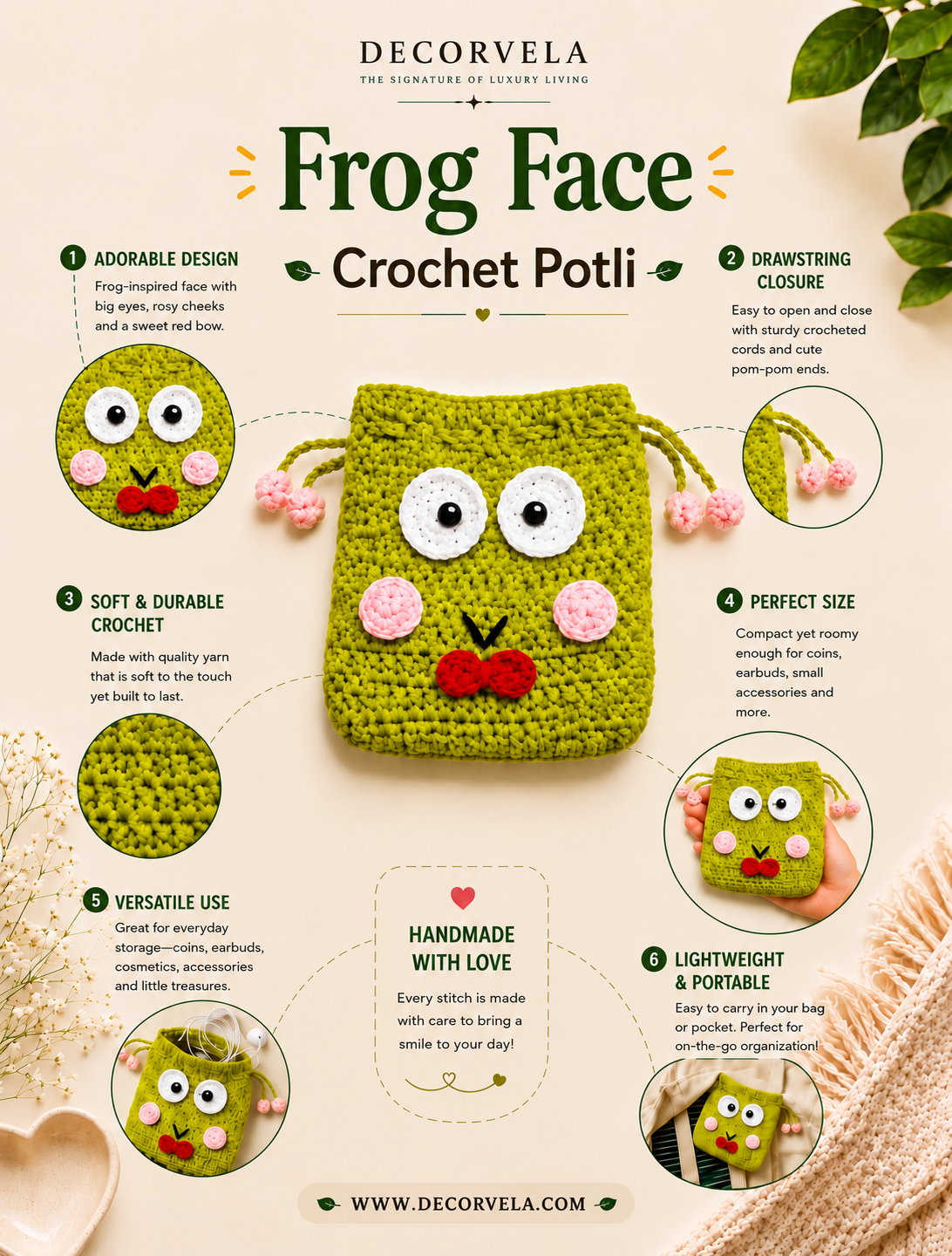A decorative crochet potli featuring a green frog face design, shown with a central crocheted frog face and six circular callout panels around it on a beige background. The text reads 'Frog Face Crochet Potli' and includes descriptive benefits like 'Adorable Design,' 'Drawstring Closure,' 'Soft & Durable Crochet,' and 'Perfect Size.