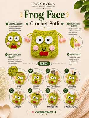 A decorative crochet potli bag shaped like a frog face, shown on a beige background with printed product information, feature callouts, and usage examples. The bag is lime green with white and pink crochet details, including large eyes, pink cheeks, and a red stitched mouth.