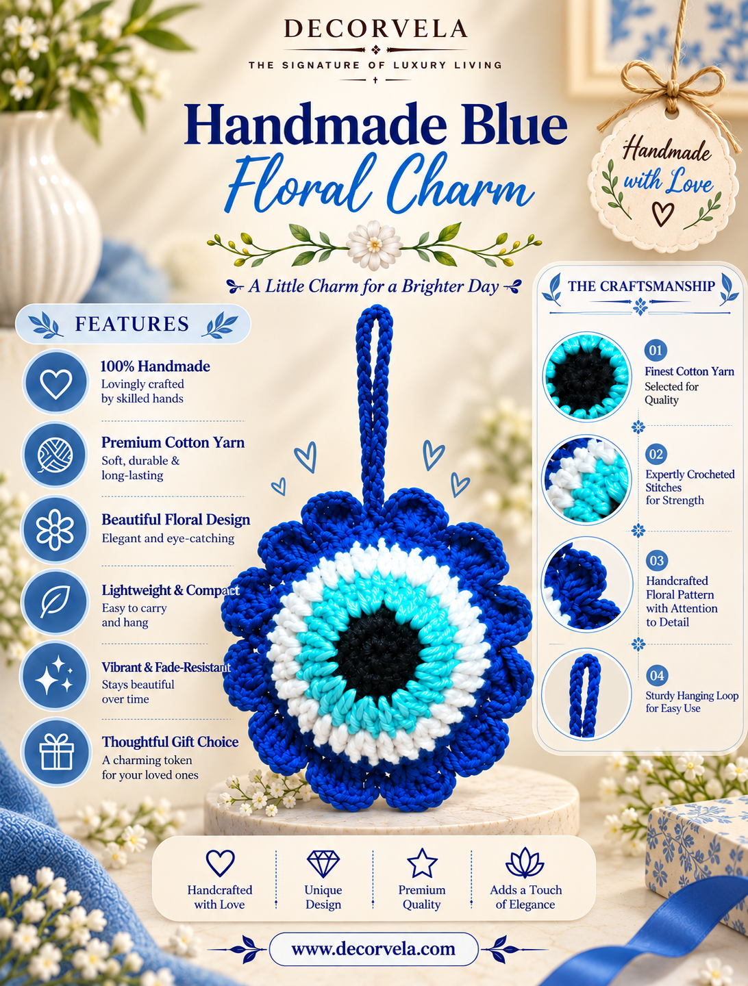 A handmade blue floral crochet charm displayed on a decorative stand with a ribbon, surrounded by promotional text, icons, and craft details on a soft beige background. The brand name 'DECORVELA' is visible at the top.