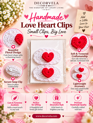 A promotional graphic for Decorvela handmade love heart clips, showing a central clear pouch containing two red crocheted heart clips, surrounded by six circular feature callouts and marketing text on a pink floral background.