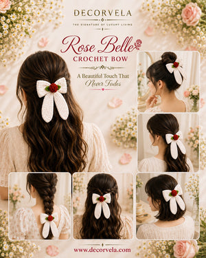 DecorVela Rose Belle crochet bow hair accessory shown on a model from multiple angles, featuring a white crocheted bow with a red rose accent, styled in wavy hair, a half-up bun, braided hair, and loose waves. The image includes decorative floral backgrounds and text reading 'Rose Belle Crochet Bow' and 'A Beautiful Touch That Never fades.