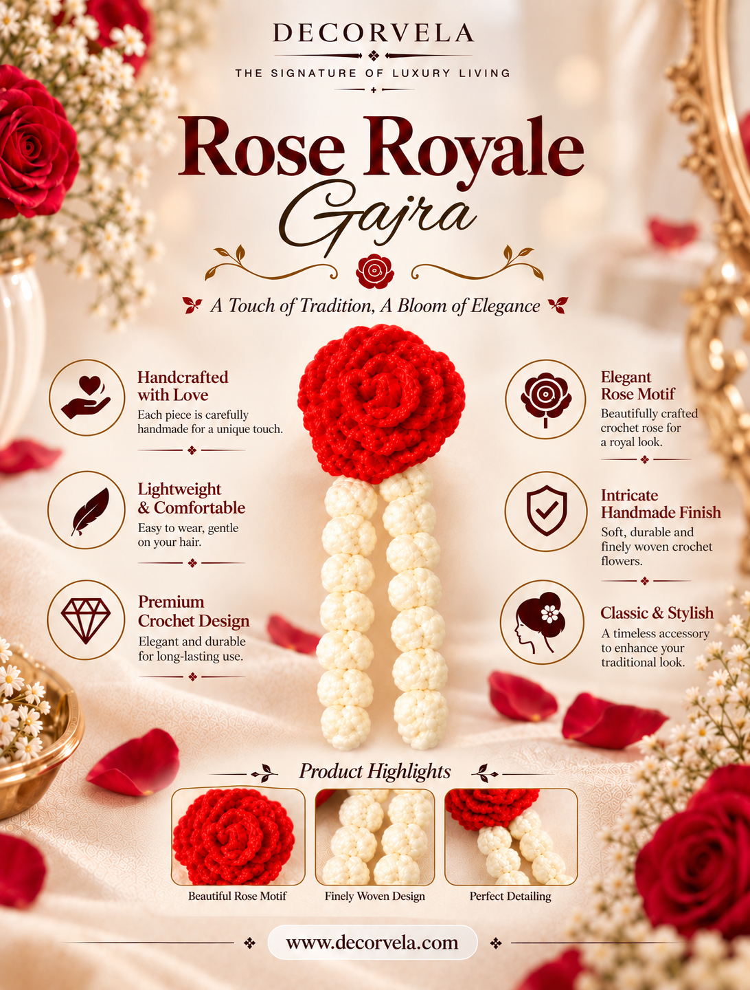 A decorative promotional graphic for a Rose Royale Gajra flower garland by Decorvela. The central subject is a vertical crocheted garland with a bright red rose at the top and rows of white and cream crochet flowers below.