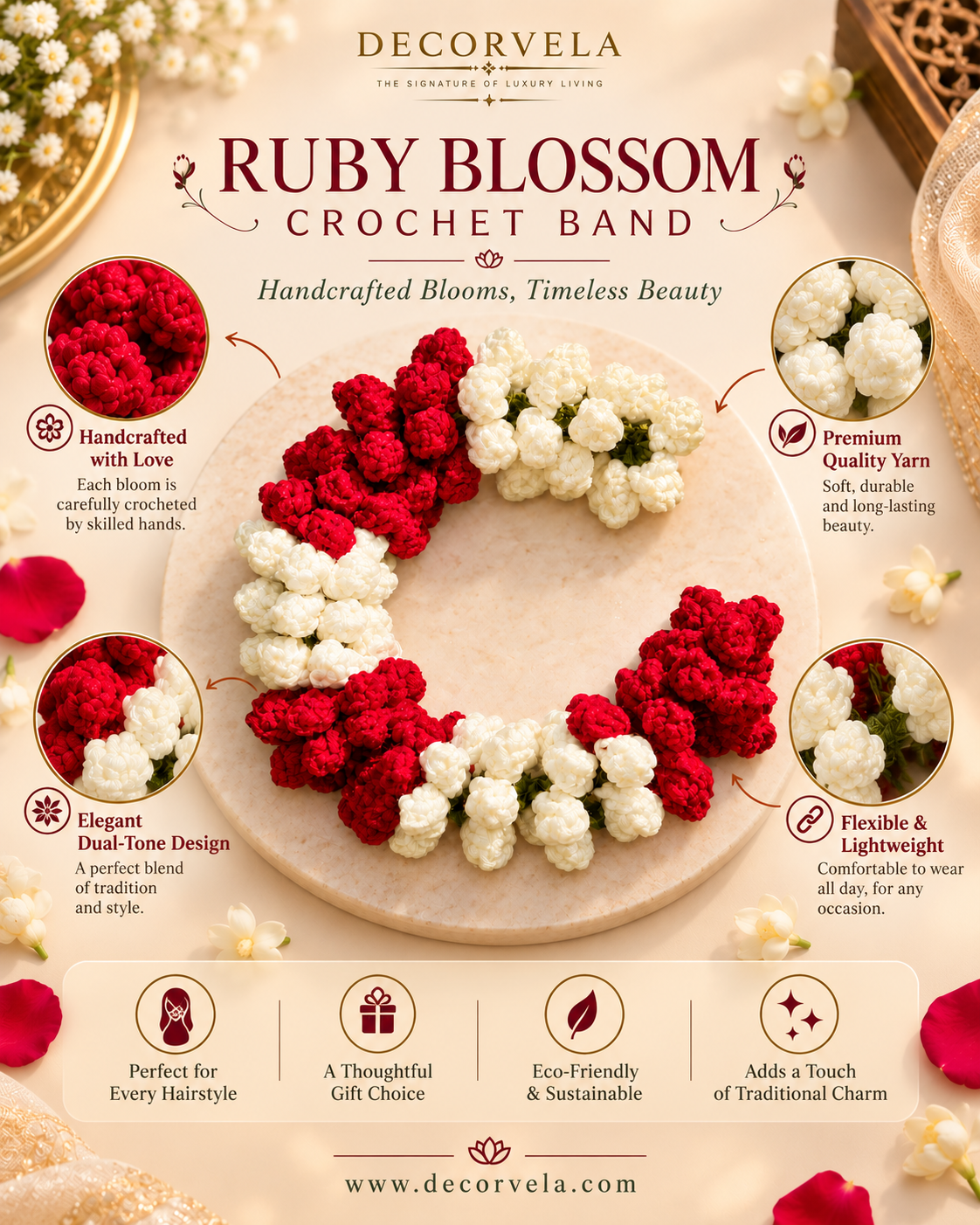 A decorative product listing graphic for a Ruby Blossom crochet band by Decorvela. The central subject is a crocheted band made of alternating red and white flower-like loops, arranged in a heart shape on a beige plate.