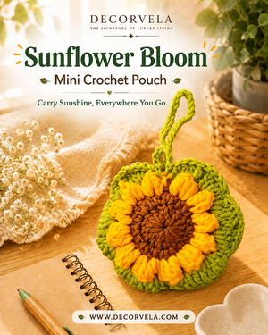 DecorVela 'Sunflower Bloom' mini crochet pouch shown on a styled wooden tabletop with a notebook, pen, flowers, and a basket. The pouch is crocheted in green, yellow, and brown to resemble a sunflower, with a green loop handle.