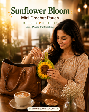 A woman in a cafe setting holds a small crocheted sunflower pouch while placing a brown leather tote bag into it. The image has text overlays reading 'Sunflower Bloom Mini Crochet Pouch' and 'Little Pouch, Big Sunshine' with a website URL at the bottom.