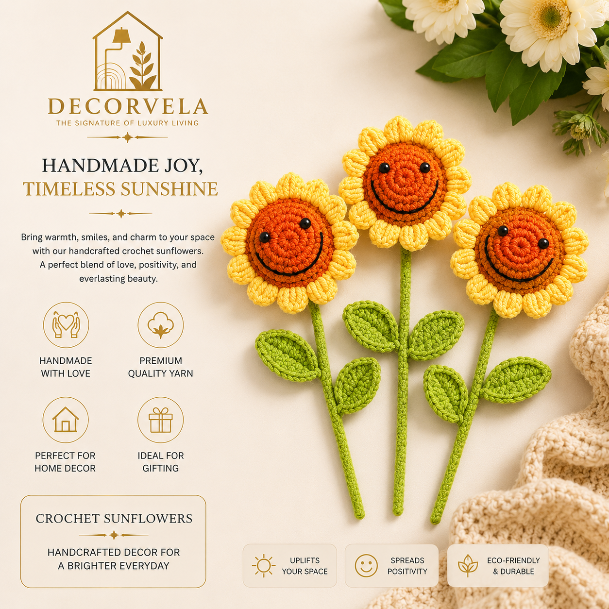 Decorvela Handmade Crochet Sunflower Bouquet | Smiley Sunflower Stems for Home Decor & Gifting