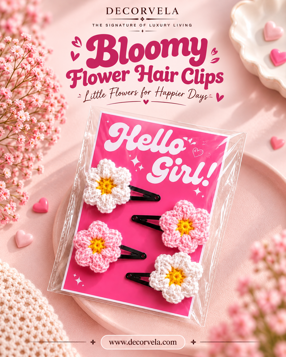Decorvela Bloomy Flower Hair Clips in a clear plastic package with a pink 'Hello Girl!' card. The set includes four crocheted flower hair clips with pink, white, and yellow details, styled on a pink background with decorative flowers and hearts.