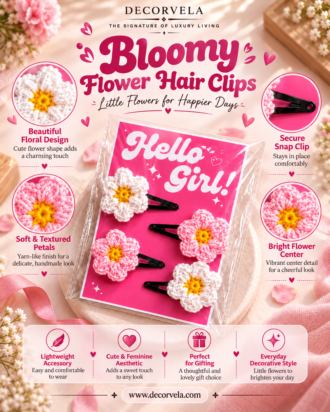 Decorvela Bloomy Flower Hair Clips set in a pink gift box with three flower-shaped black hair clips and two pink-and-white yarn flowers. The image is a styled product presentation on a pink background with decorative text callouts and feature icons.