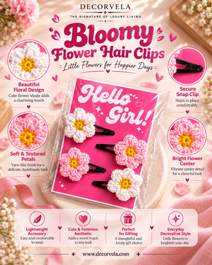 Decorvela Bloomy Flower Hair Clips set in a pink gift box with three flower-shaped black hair clips and two pink-and-white yarn flowers. The image is a styled product presentation on a pink background with decorative text callouts and feature icons.