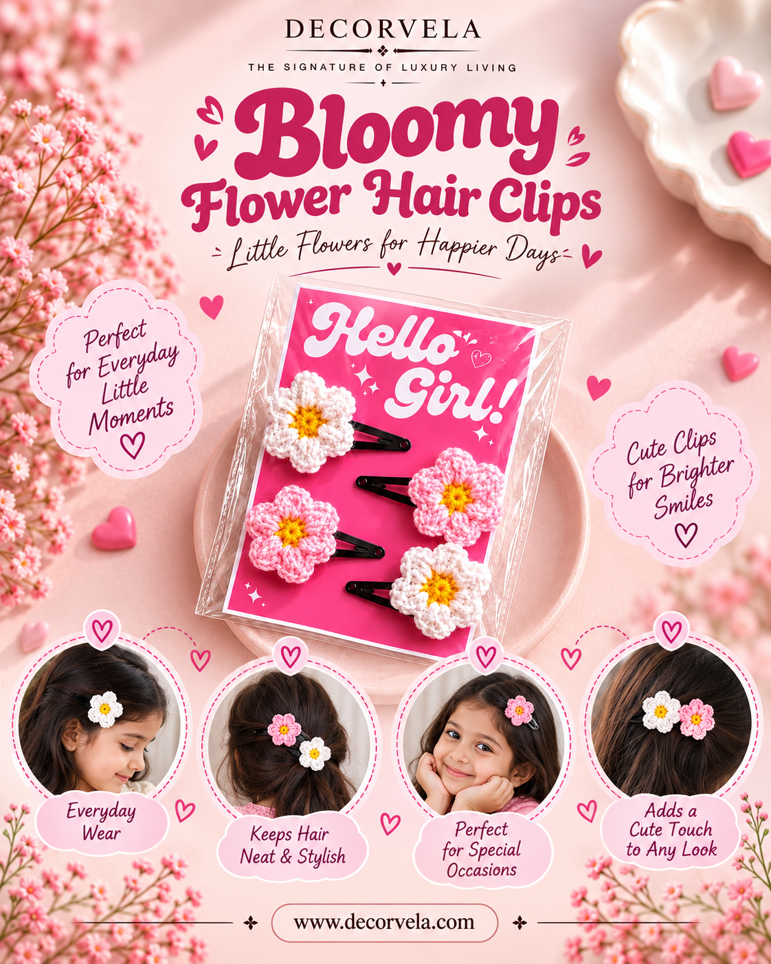 Promotional graphic for Decorvela Bloomy Flower Hair Clips. The central product is a set of three crocheted flower hair clips in pink, white, and yellow, packaged in a clear sleeve on a pink 'Hello Girl!' card.