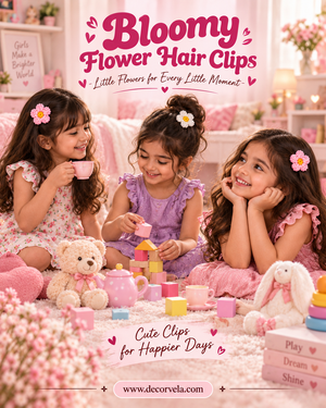 Three young girls sitting on a pink carpet in a cozy bedroom setting, wearing pink flower hair clips. The scene includes a teddy bear, a teapot, blocks, and a white rabbit plush, with the text 'Bloomy Flower Hair Clips' at the top and 'www.