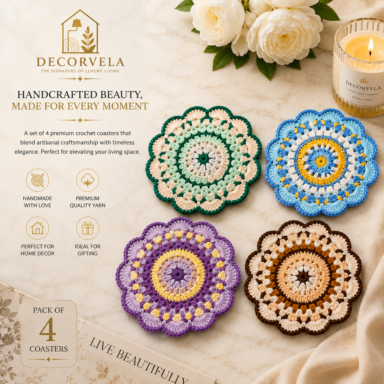 Decorvela Handmade Crochet Flower Coasters Set of 4 | Premium Cotton Drink Coasters for Home Decor & Gifting