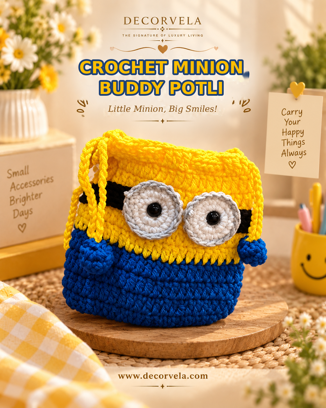 A crocheted 'Crochet Minion Buddy Potli' bag styled like a Minion, featuring yellow and blue crochet fabric, large white and black eyes, and a black goggle strap. It is displayed on a wooden stand in a warm, decorated home setting with a yellow and white checkered cloth, flowers, and decorative text overlays from the brand Decorvela.