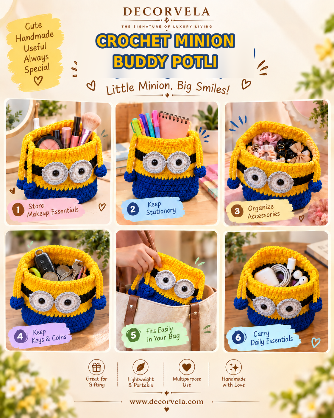A promotional collage for a crochet minion-themed storage potli by Decorvela. The image features six numbered photos showing a yellow and blue crocheted basket designed like a Minion character, filled with stationery, cosmetics, and accessories.