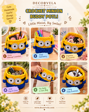 A promotional collage for a crochet minion-themed storage potli by Decorvela. The image features six numbered photos showing a yellow and blue crocheted basket designed like a Minion character, filled with stationery, cosmetics, and accessories.