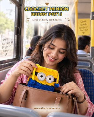A woman on a bus smiles while holding a crocheted Minion character pouch inside a brown handbag. The image includes the text 'CROCHET MINION BUDDY POTLI' and the website 'www.