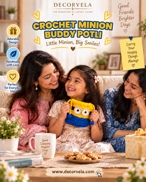 A promotional banner for the Decorvela 'Crochet Minion Buddy Pot!' yarn pattern, featuring a young girl holding a crocheted yellow and blue Minion character pot on a cozy couch with two women. The banner includes brand logos, product titles, and decorative lifestyle elements like a mug and cookies on a table.