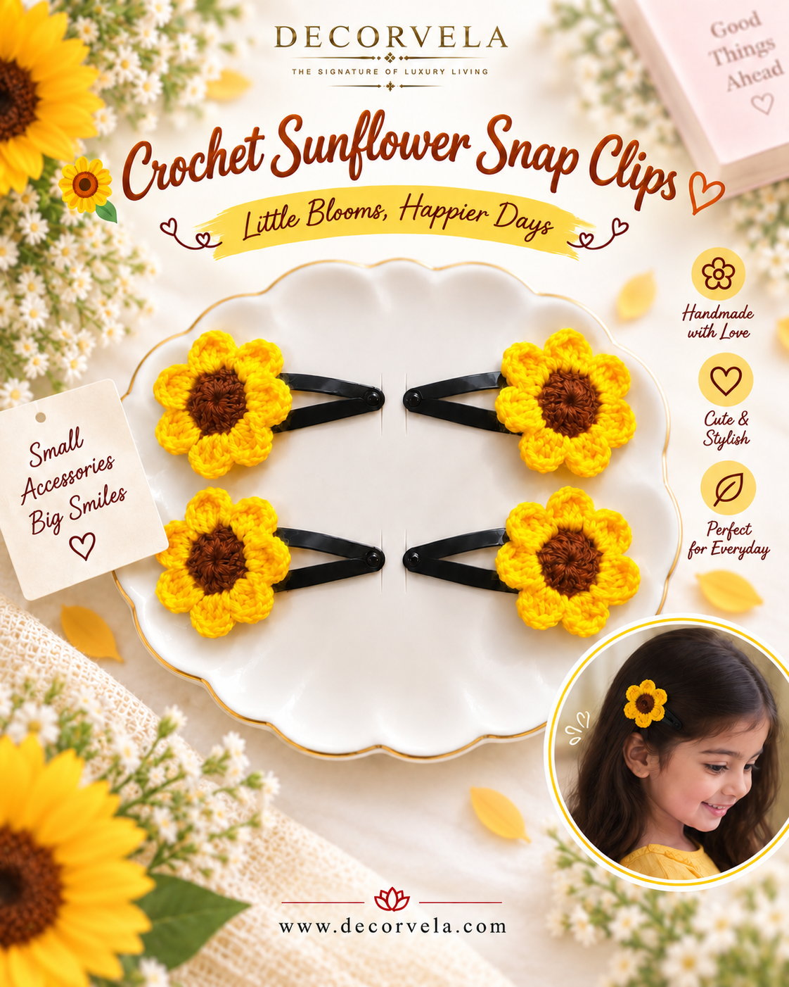 Four yellow crochet sunflower snap hair clips displayed on a white scalloped plate, surrounded by sunflower and white flower props. The image includes branding for DecorVela, decorative text, and a small circular inset photo of a girl wearing one of the clips.