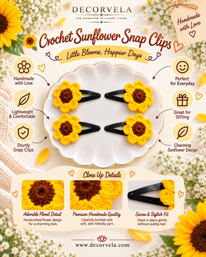 A promotional graphic for DecorVela crochet sunflower snap clips. The image shows four black snap hair clips, each holding a crocheted sunflower with yellow petals and a dark brown center, arranged on a white scalloped dish.