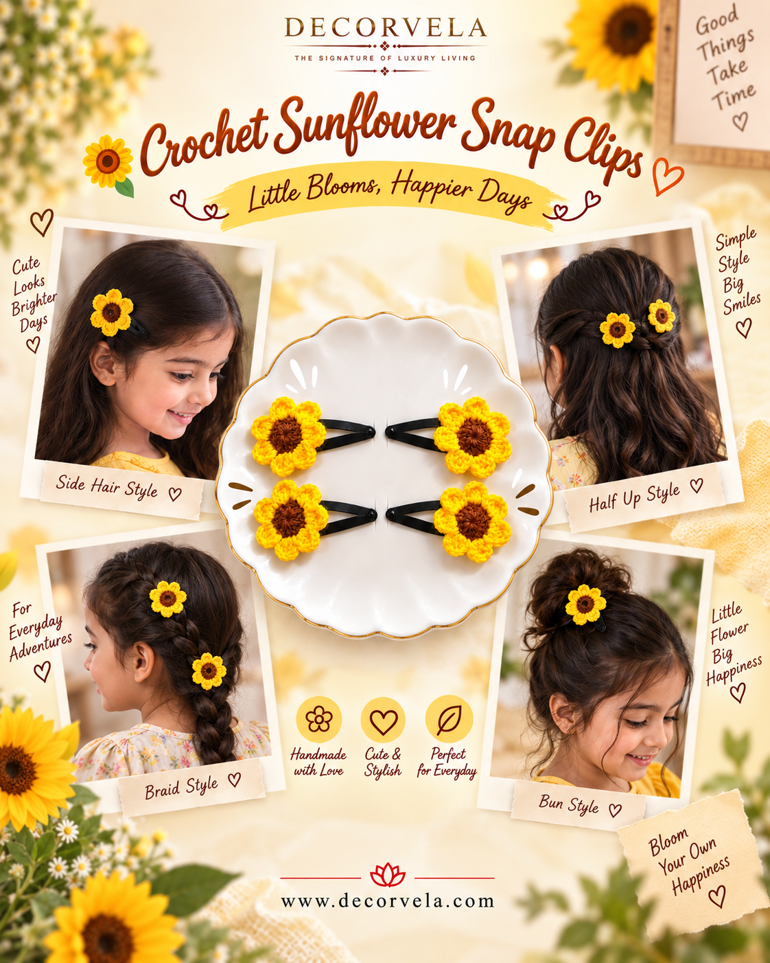 DecorVela Crochet Sunflower Snap Clips shown in a styled collage with four photos of a young girl wearing them in different hair styles. The snaps are bright yellow with embroidered sunflower petals and brown centers, attached to black hair clips.