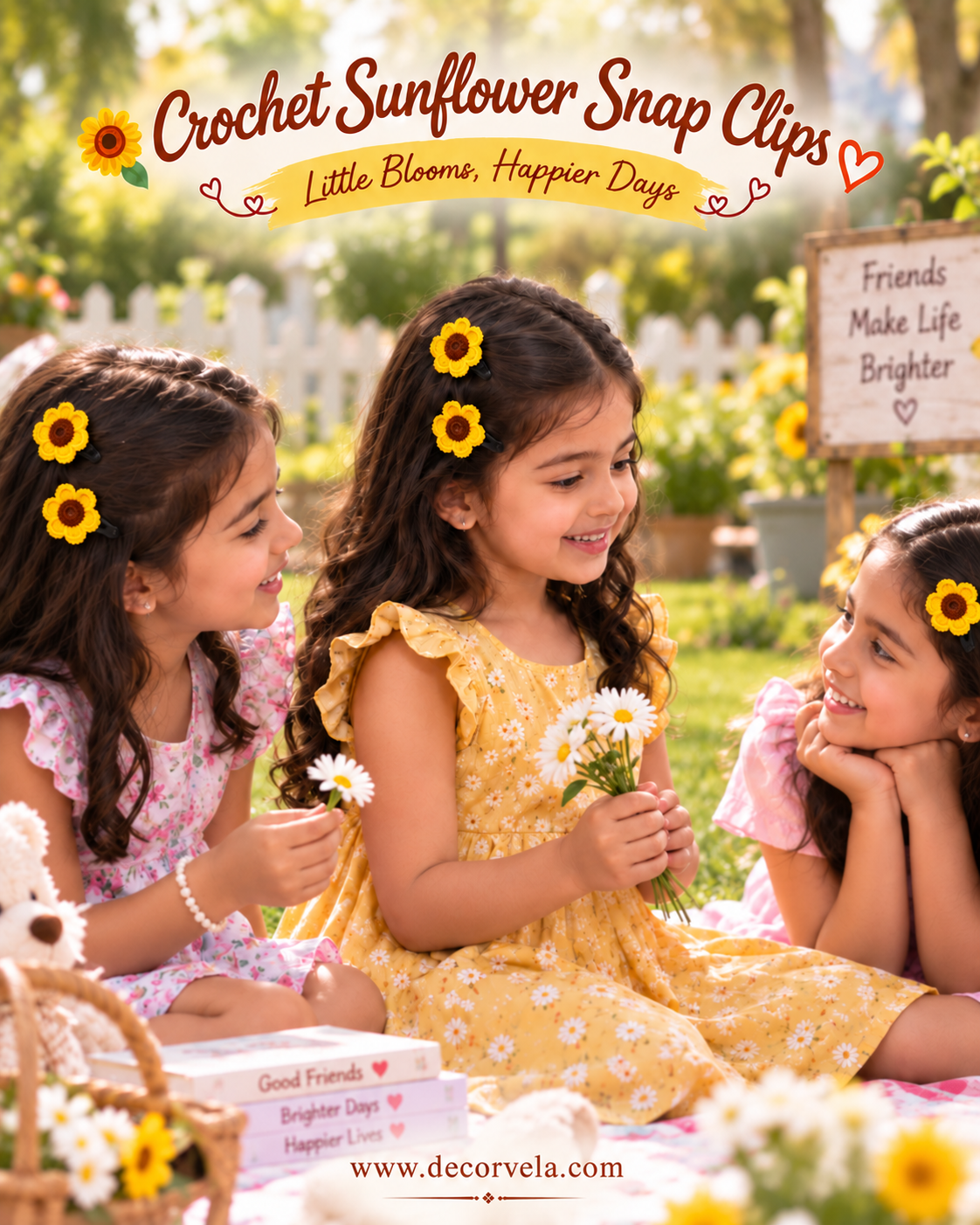 Three young girls sitting outdoors in a sunny garden, each wearing a yellow sunflower snap clip in their hair. The girls are dressed in floral dresses, and the scene is decorated with flowers, a basket, and a sign that reads 'Friends Make Life Brighter'.