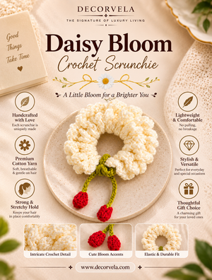 A promotional product graphic for the Decorvela Daisy Bloom Crochet Scrunchie. The main subject is a cream-colored crochet scrunchie with three red flower accents and a green stem, displayed on a beige plate.