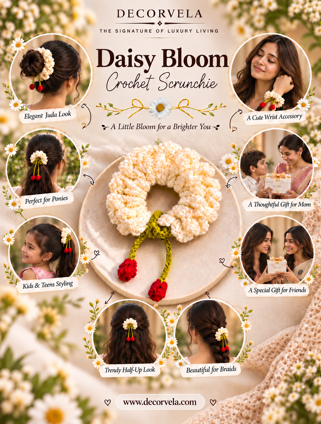 A promotional graphic for the Decorvela Daisy Bloom Crochet Scrunchie. The main product is a cream-colored crochet scrunchie with two small red ladybug charms and a green center, displayed on a beige plate.