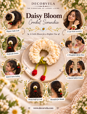 A promotional graphic for the Decorvela Daisy Bloom Crochet Scrunchie. The main product is a cream-colored crochet scrunchie with two small red ladybug charms and a green center, displayed on a beige plate.