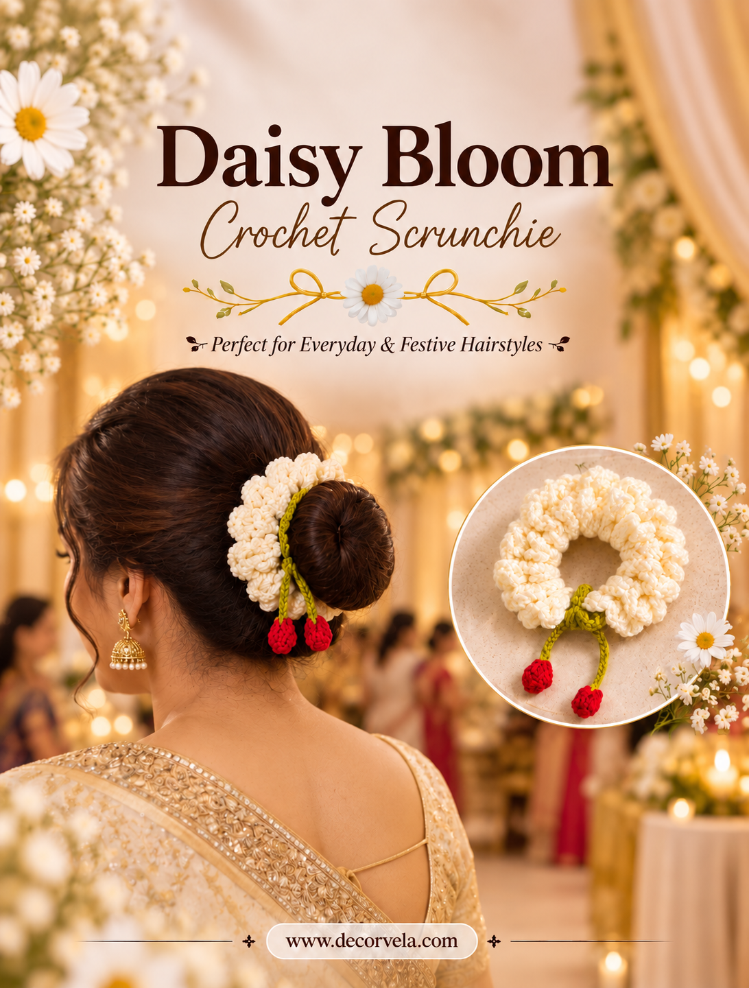 A promotional image for a 'Daisy Bloom' crochet scrunchie. It features a woman from behind wearing the white crochet scrunchie with small red flower accents in her hair, alongside an inset close-up of the product.