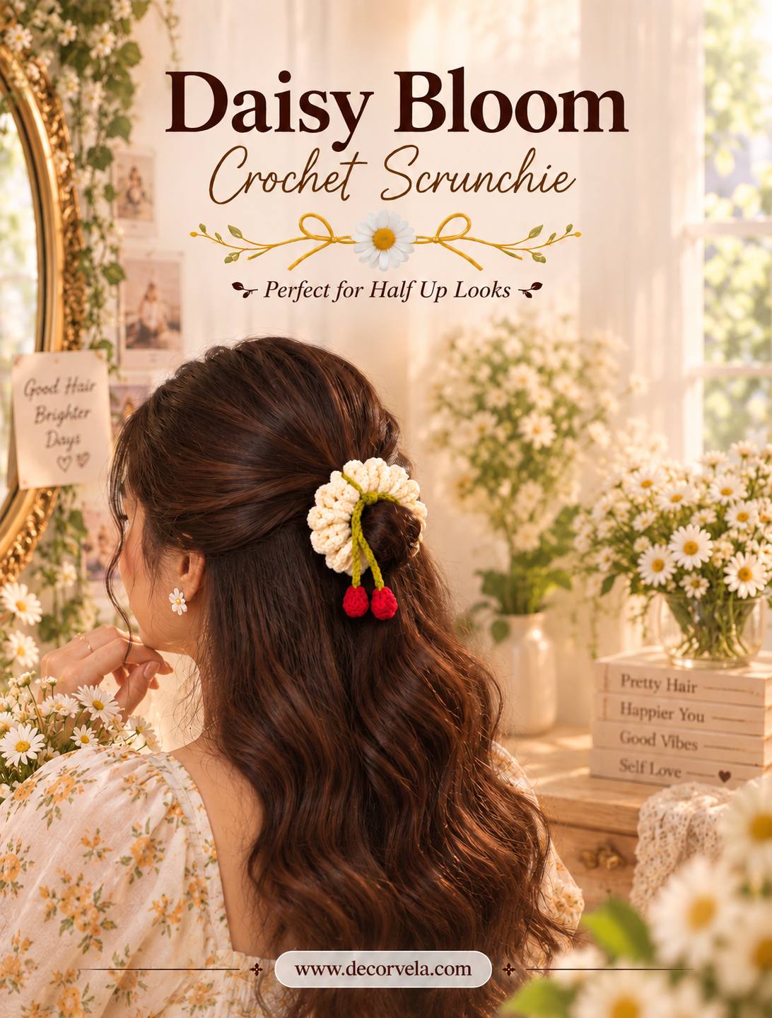 A woman shown from the back wearing a crochet scrunchie hair accessory in a bright, floral-themed room. The scrunchie is cream with two red tassels and is styled in her brown wavy hair.