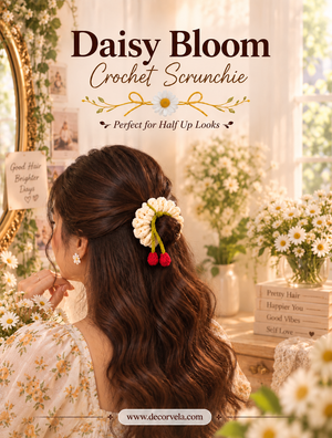 A woman shown from the back wearing a crochet scrunchie hair accessory in a bright, floral-themed room. The scrunchie is cream with two red tassels and is styled in her brown wavy hair.