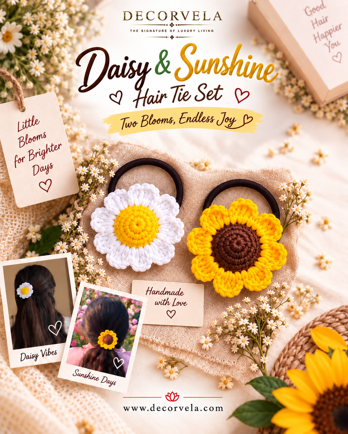 Decorvela Daisy & Sunshine Hair Tie Set featuring two handmade crochet hair ties styled on a beige blanket with daisy and sunflower motifs, surrounded by floral props and text overlays.