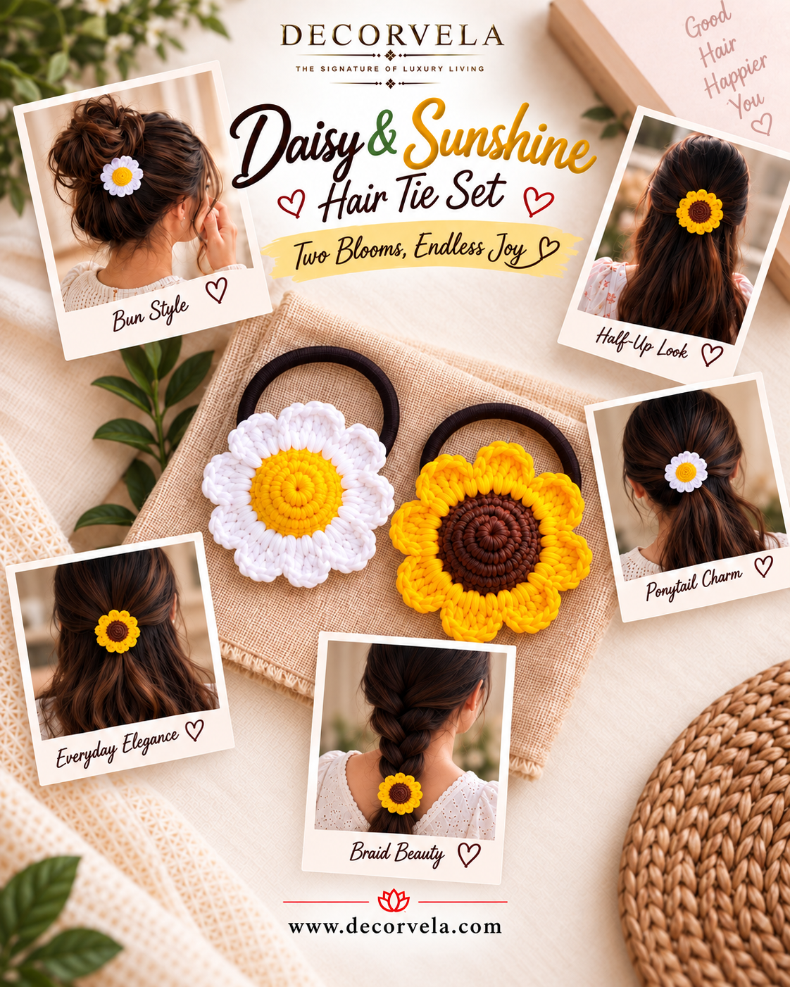 DecorVela Daisy & Sunshine Hair Tie Set featuring two crocheted hair ties, one white and yellow daisy and one yellow sunflower, displayed on a beige blanket with lifestyle photos of models wearing the hair ties.