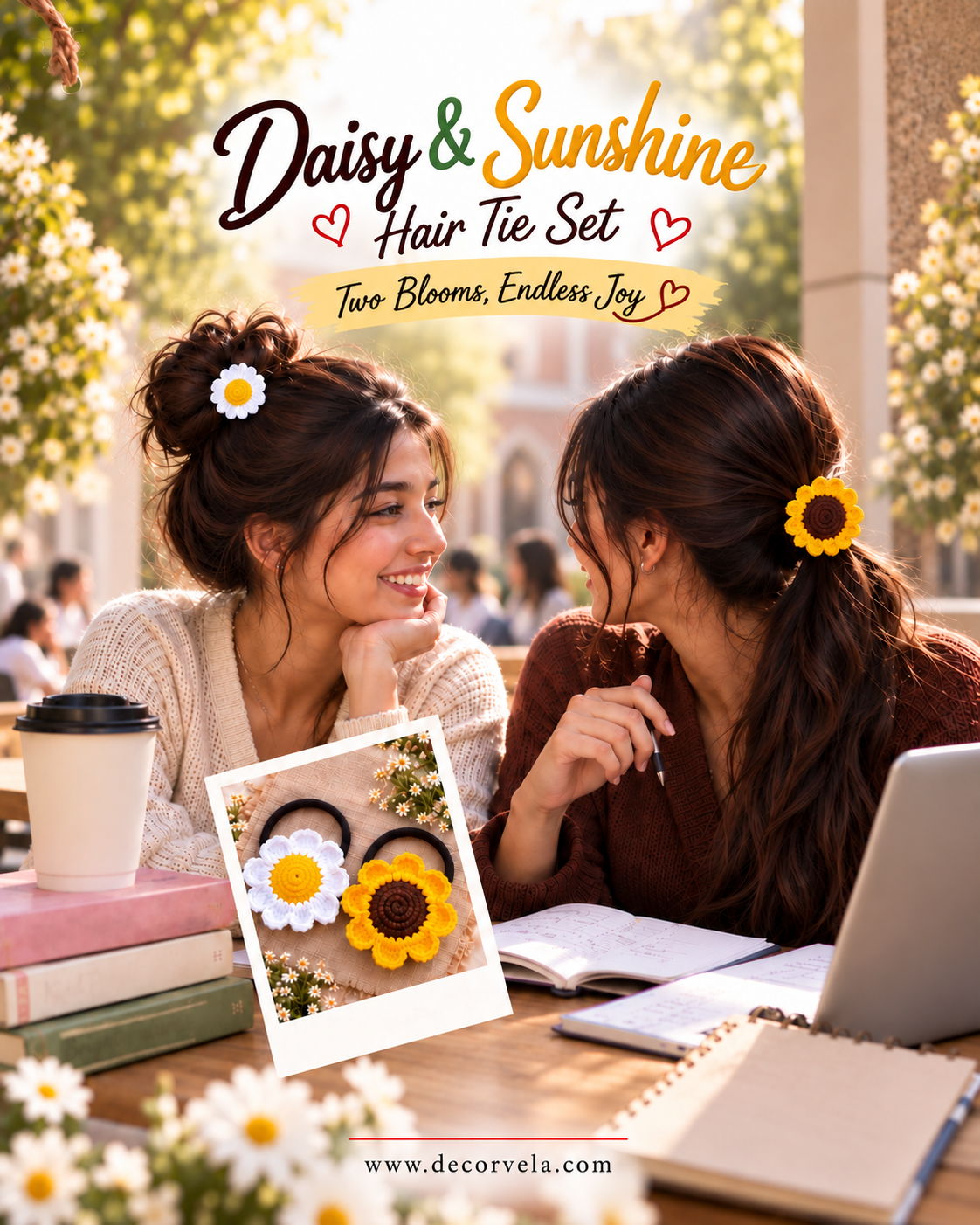 Two women sitting at a cafe table wearing yellow sunflower hair ties in their hair, with a small printed photo of the hair tie set on the table. The image has text overlays reading 'Daisy & Sunshine Hair Tie Set' and 'Two Blooms, Endless Joy'.