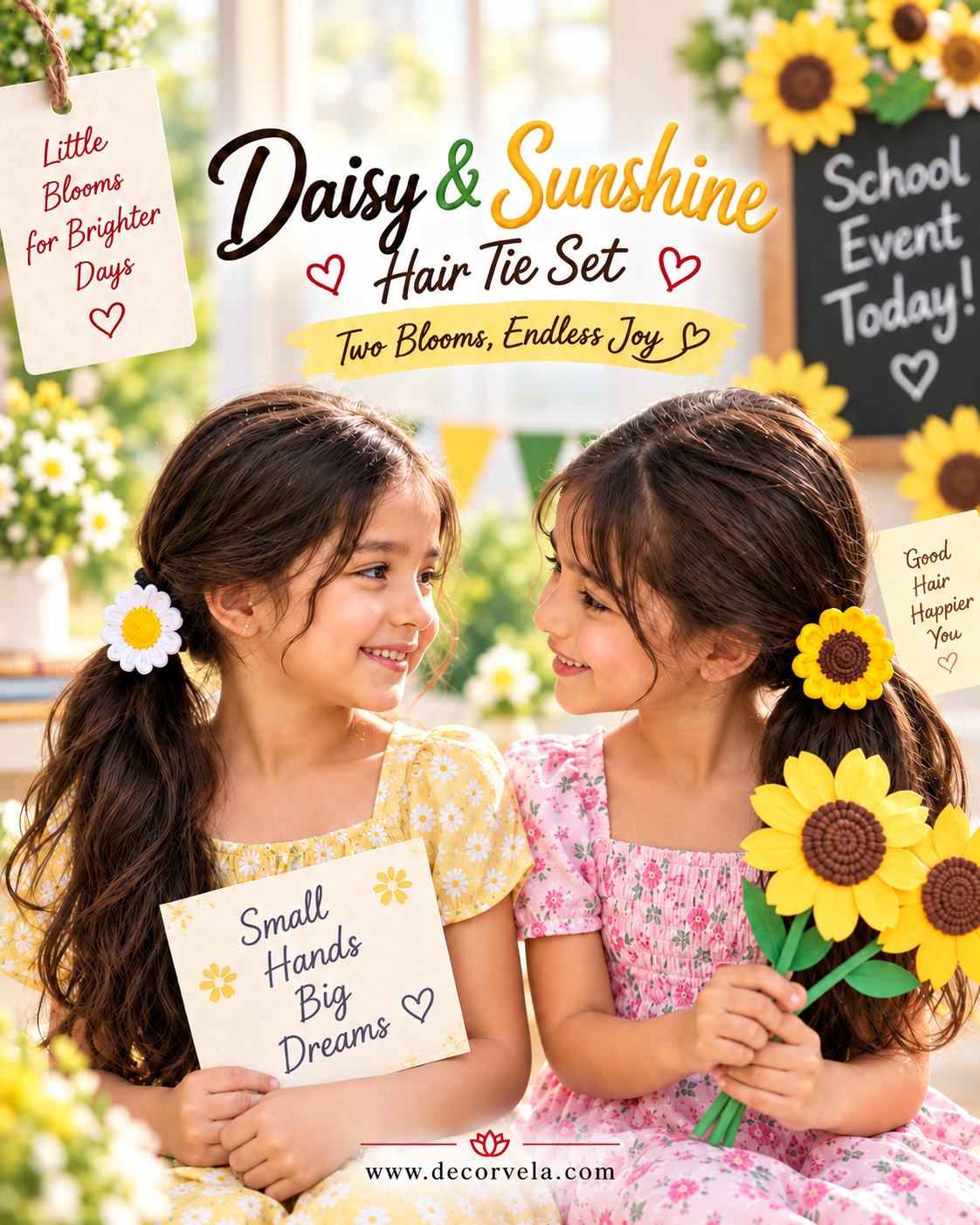 Two young girls smiling at each other, wearing floral hair ties and holding sunflower props in a bright, decorated event setting. Promotional text reads 'Daisy & Sunshine Hair Tie Set' with decorative signs and flowers around them.