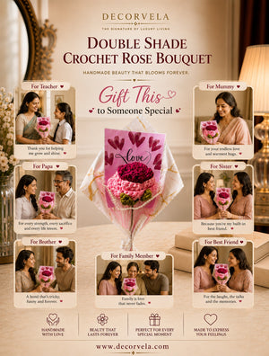 A promotional graphic for a Decorvela Double Shade Crochet Rose Bouquet gift set. The central product is a pink crochet bouquet with a matching pink card reading 'love' and 'dear'.