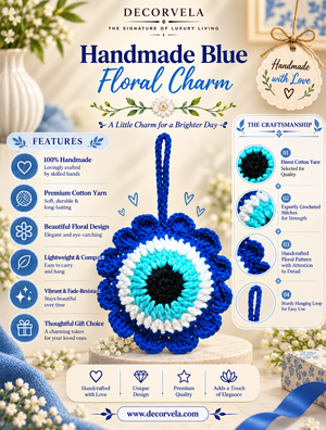 A handmade blue floral crochet charm displayed on a decorative stand with a ribbon, surrounded by promotional text, icons, and craft details on a soft beige background. The brand name 'DECORVELA' is visible at the top.