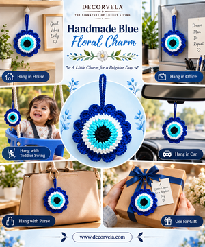 A promotional collage for a handmade blue floral charm ornament by DecorVela. The center shows the charm alone, with surrounding panels demonstrating its use in different contexts: hanging in a house, office, with a toddler swing, in a car, on a handbag, and tied to a gift box.