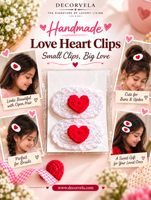 Decorvela handmade love heart clips shown in a clear plastic sleeve with two white crocheted clips featuring red heart centers. The image is a promotional collage with four photos of a young girl wearing the clips, surrounded by decorative flowers and hearts, with text reading 'Handmade Love Heart Clips Small Clips, Big Love' and the website decorvela.