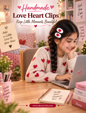 A young girl with braided hair wearing two white heart clips with red hearts sits at a desk using a laptop. The scene is decorated with heart-themed stationery, books, and warm indoor lighting, with promotional text reading 'Handmade Love Heart Clips Keep Little Moments Beautiful' and the brand name decorvela at the bottom.