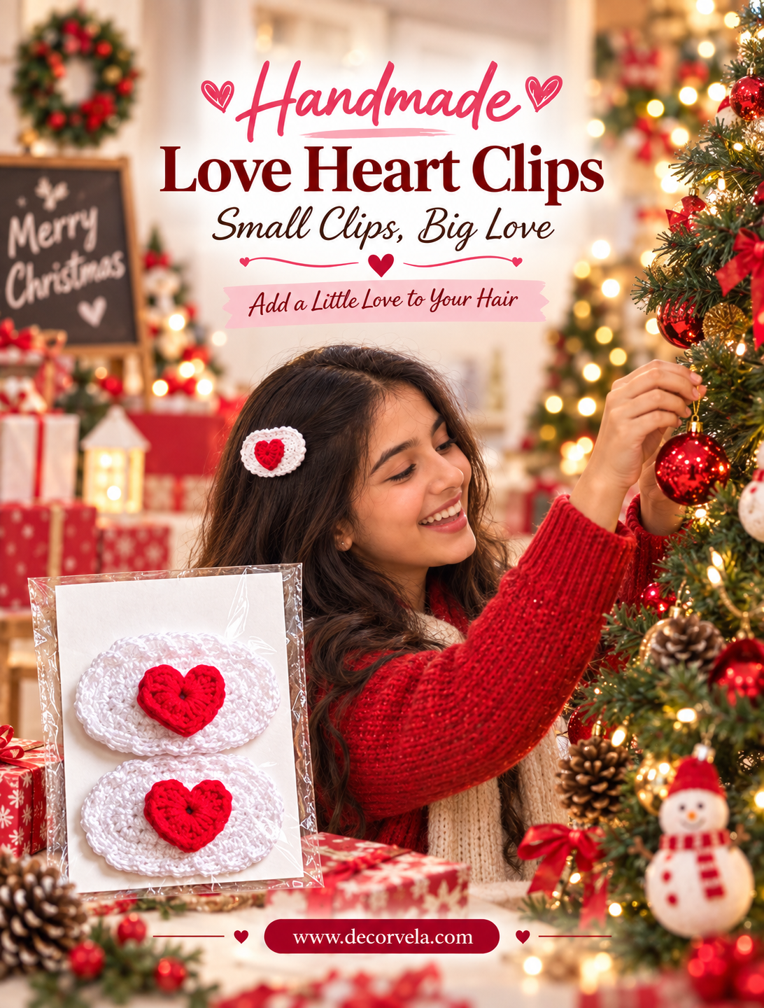 A woman in a red knit sweater decorates a Christmas tree while wearing a small white hair clip with a red heart. An inset shows a packaged set of two white textured heart clips with red heart centers.