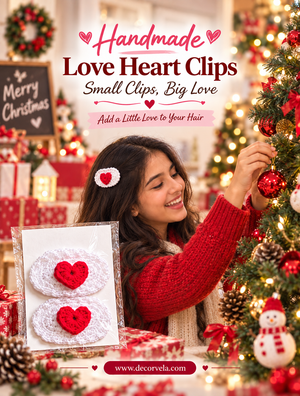 A woman in a red knit sweater decorates a Christmas tree while wearing a small white hair clip with a red heart. An inset shows a packaged set of two white textured heart clips with red heart centers.